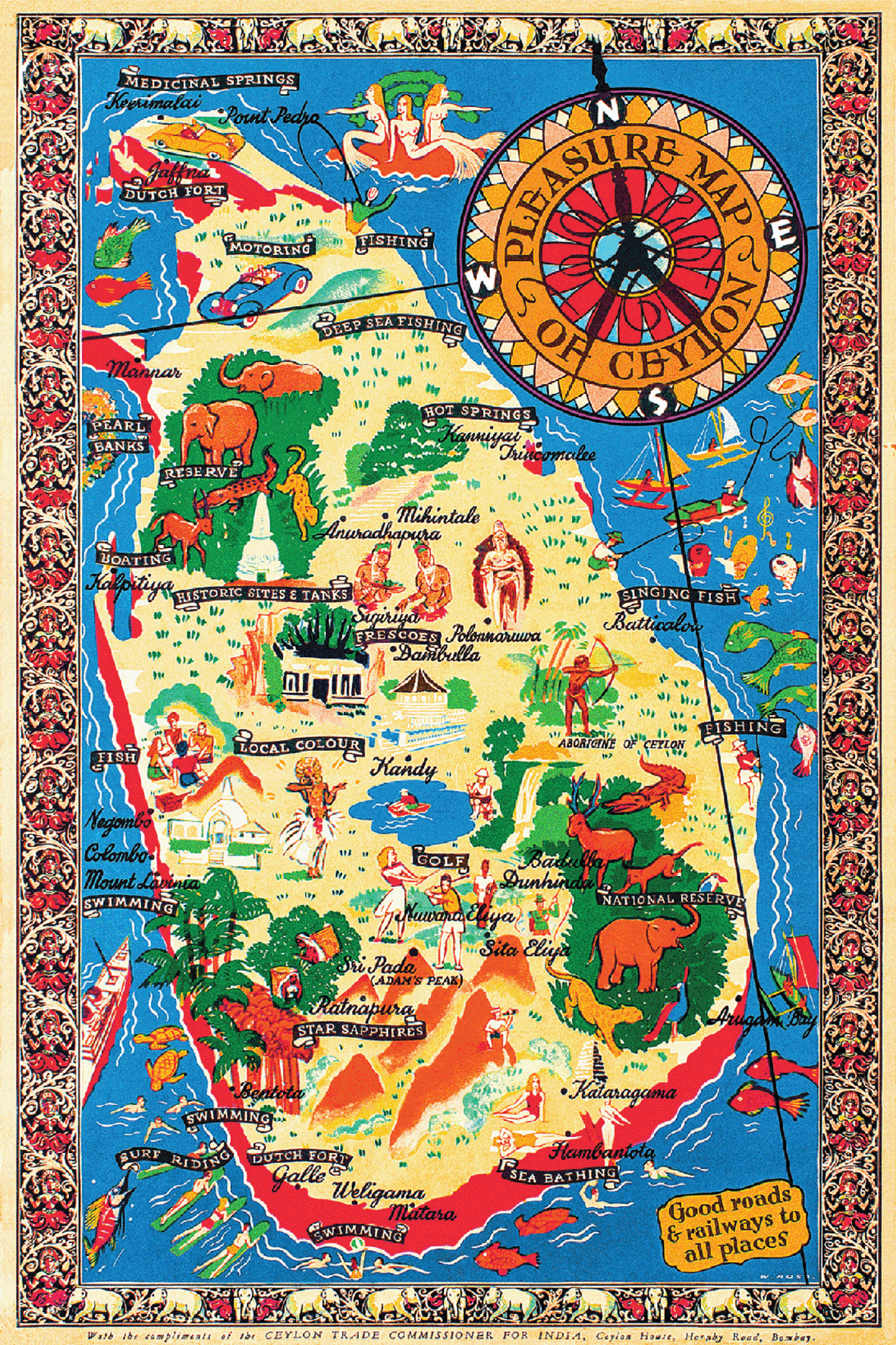 Pleasure Map Of Ceylon, 1940s (First Edition - Blue) .