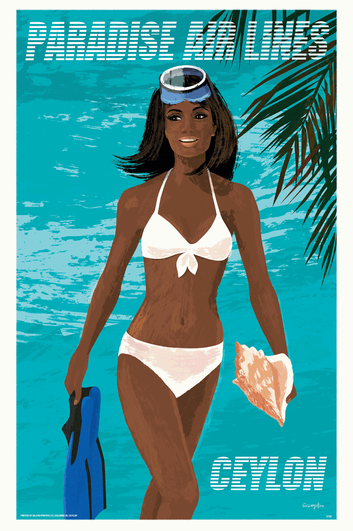 Fly Paradise Airlines - Ceylon, Conch Diver Girl (Blue), 1960s.