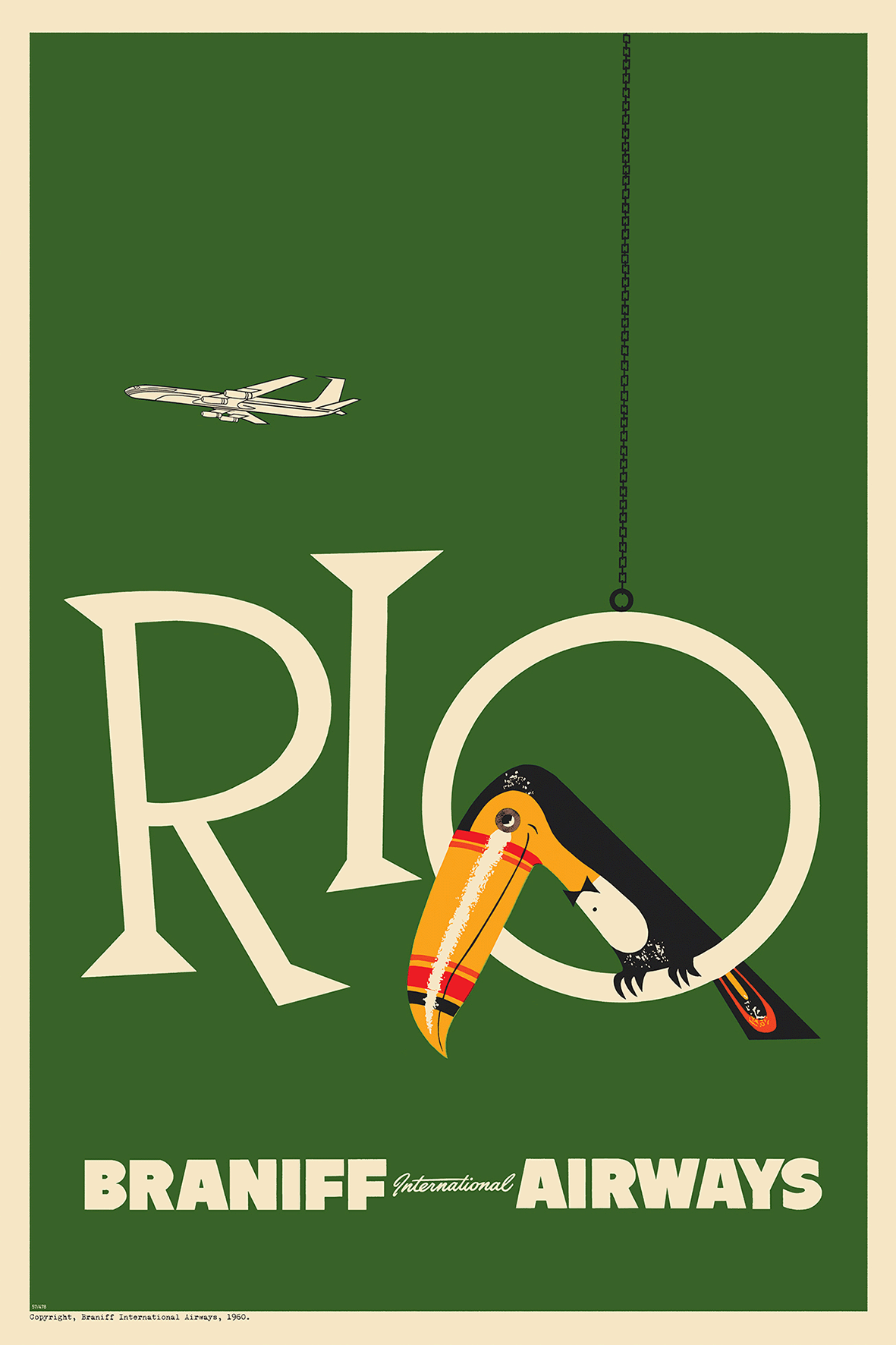 Braniff Rio Toucan Welcome to Brazil, 1959. (Forest green)