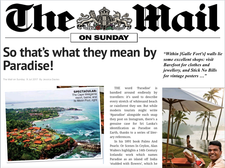 Image of the article of Stick No Bills' Sri Lanka travel posters in The Mail On Sunday.