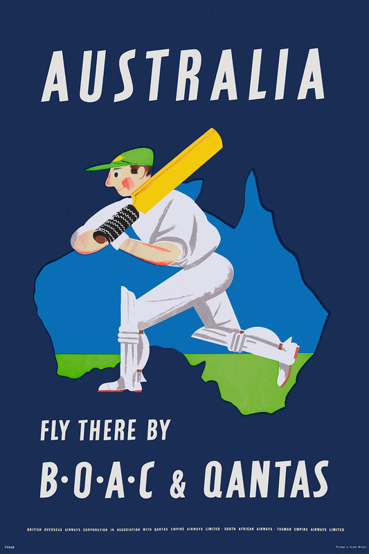 Australia, Fly there by B.O.A.C., 1950s. [Cricket]