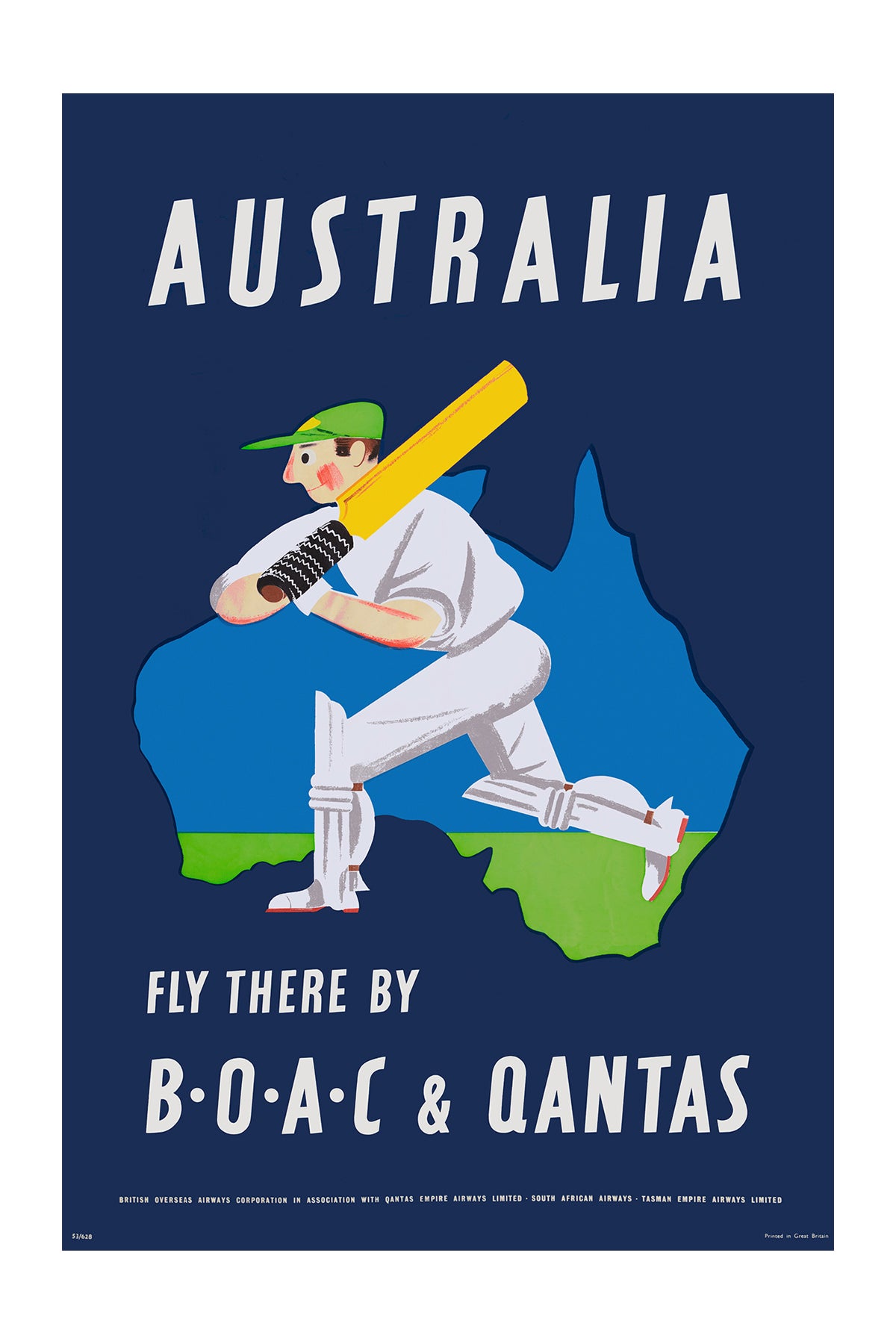 Australia, Fly there by B.O.A.C., 1950s. [Cricket]