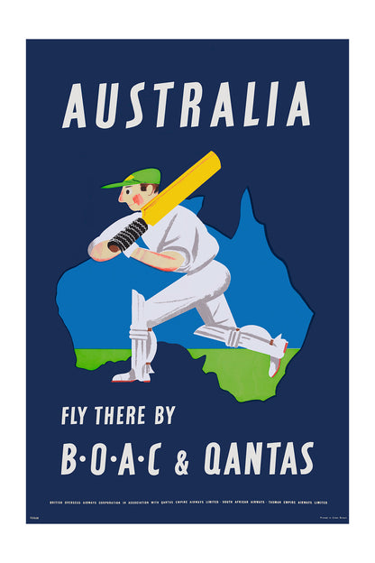 Australia, Fly there by B.O.A.C., 1950s. [Cricket]