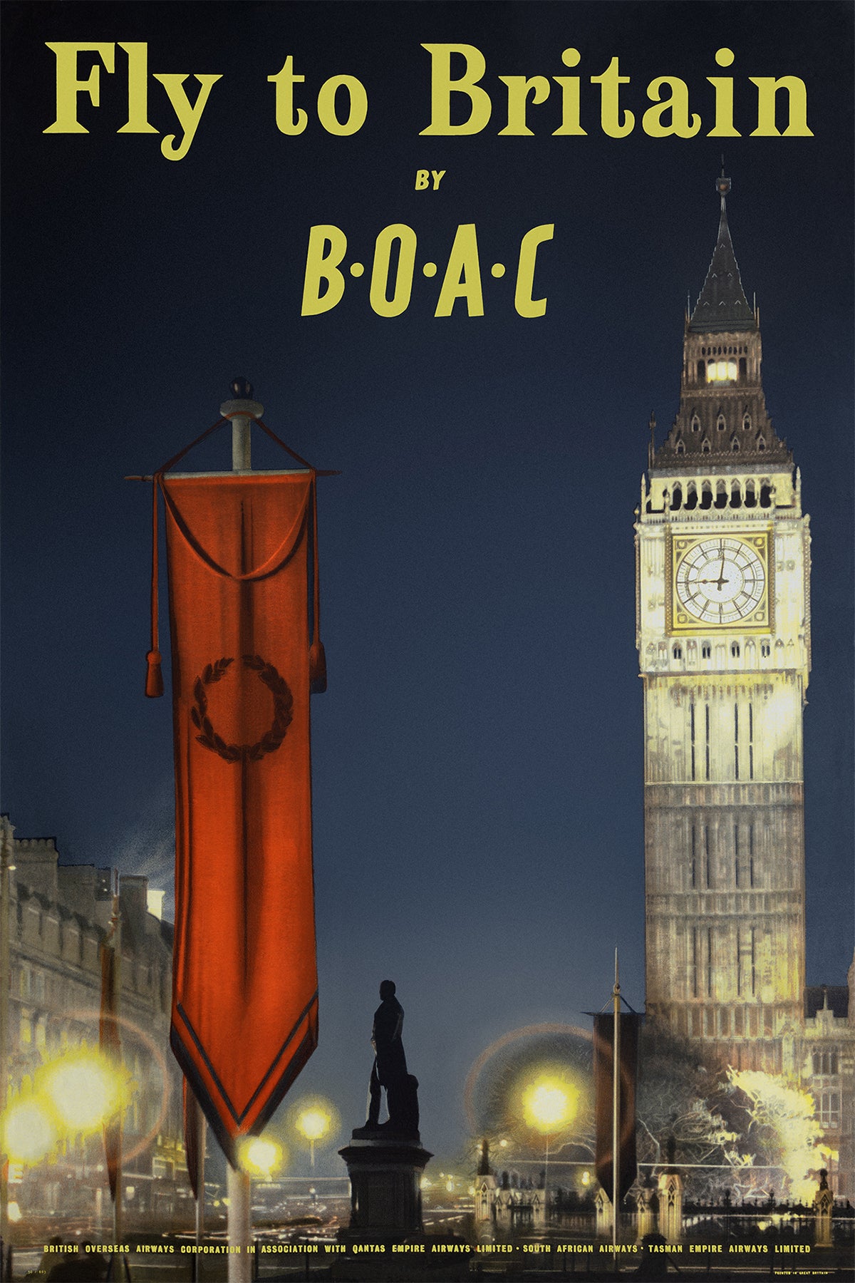 Fly to Britain by B.O.A.C., 1950s. [Big Ben]