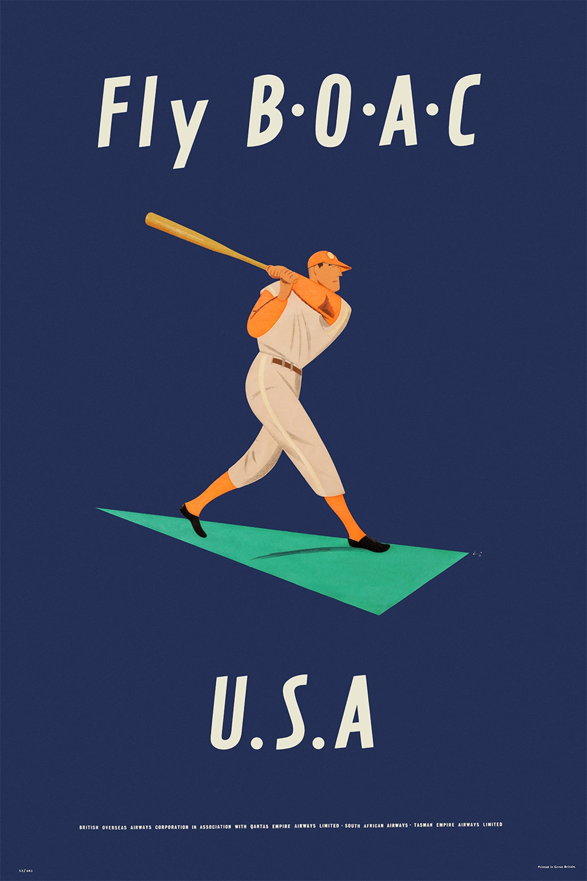 USA, Fly there by B.O.A.C., 1950s. [Baseball]