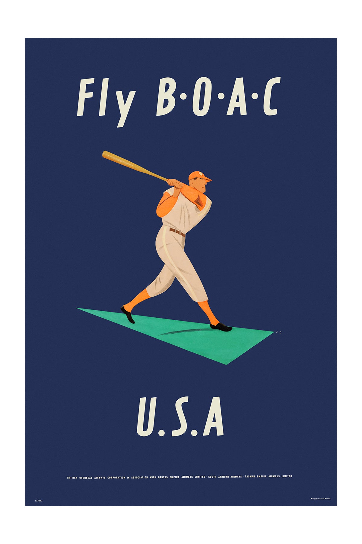 USA, Fly there by B.O.A.C., 1950s. [Baseball]