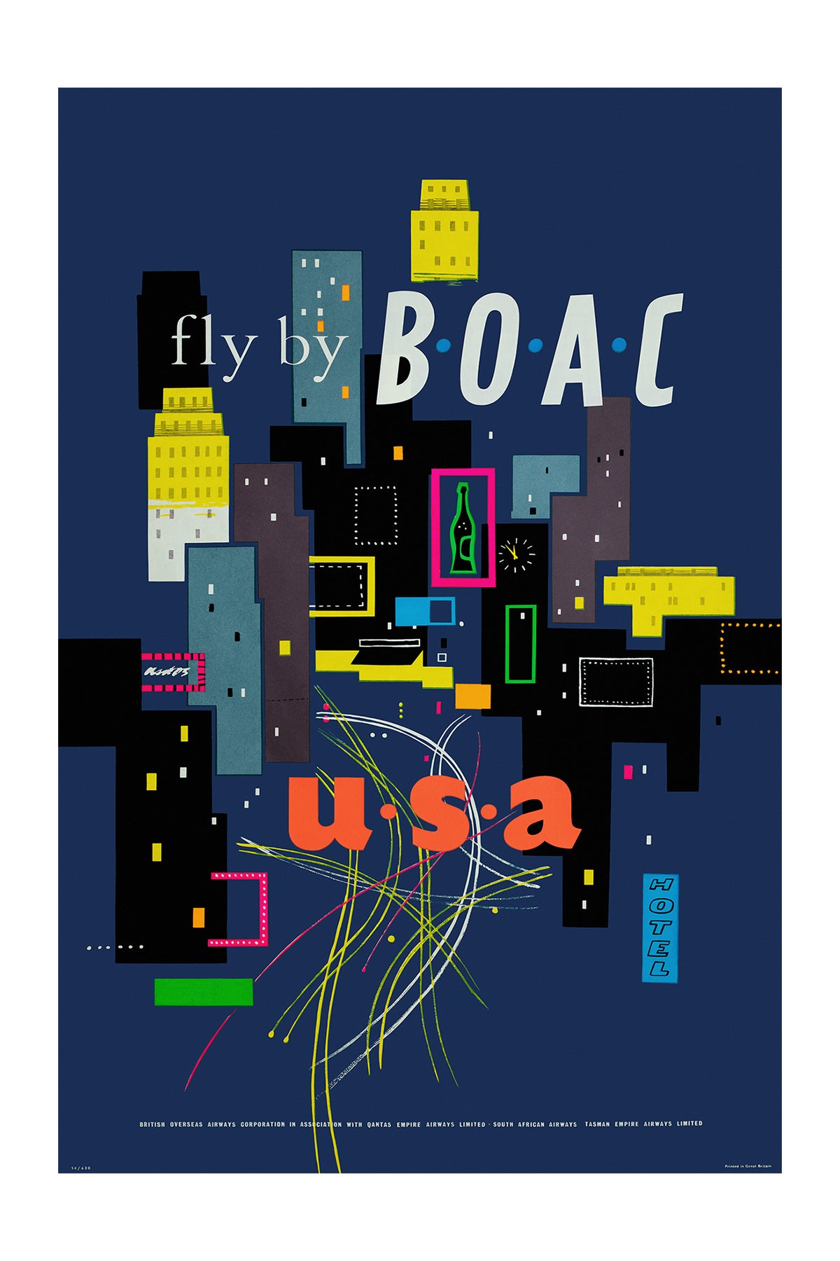 USA, Fly there by B.O.A.C., 1950s. [Hotel]