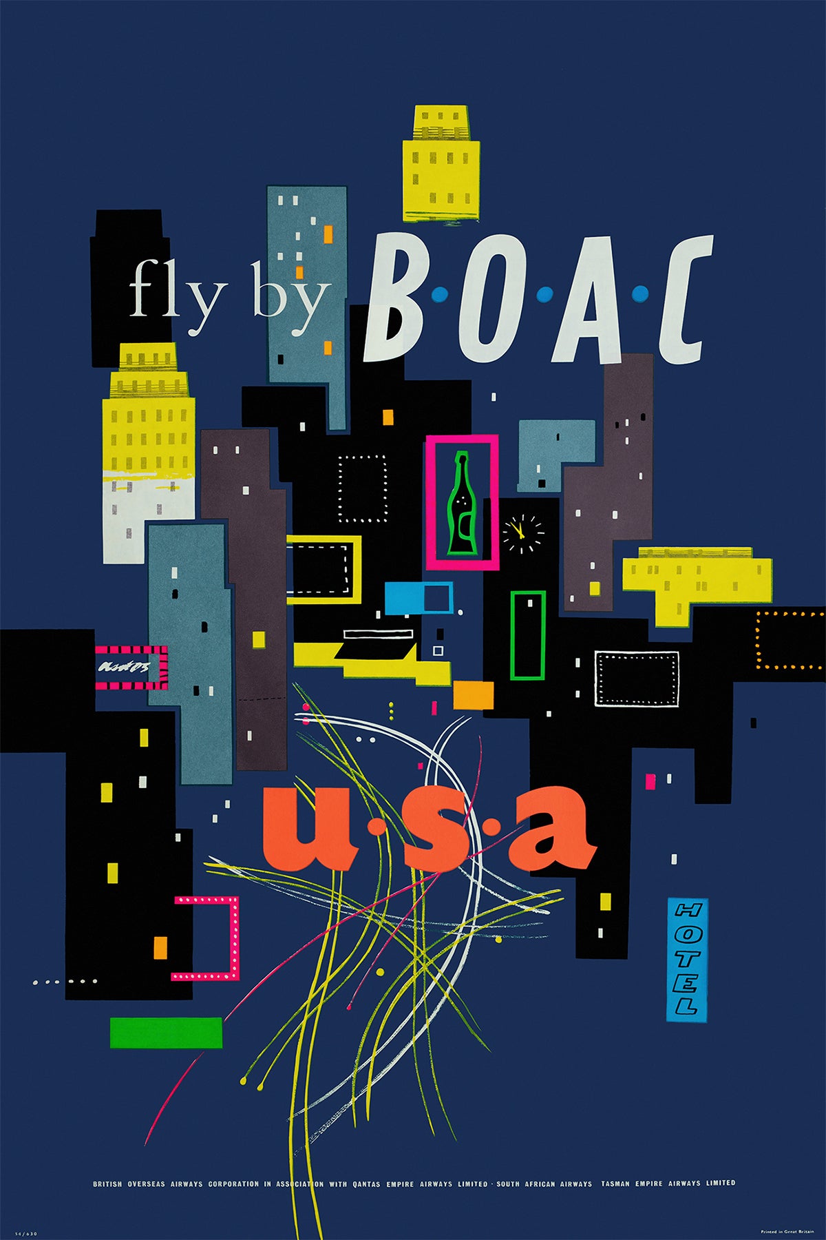 USA, Fly there by B.O.A.C., 1950s. [Hotel]