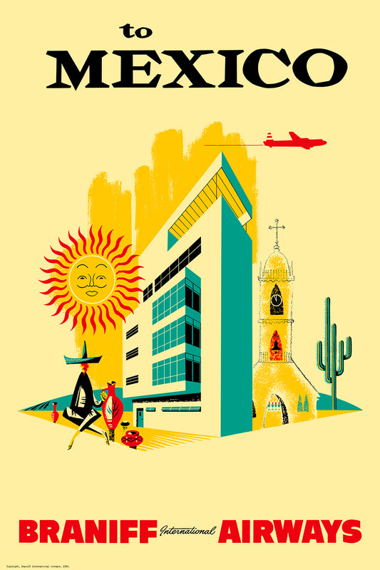 To Mexico City, Braniff International Airways, 1950s [City]. (Yellow)
