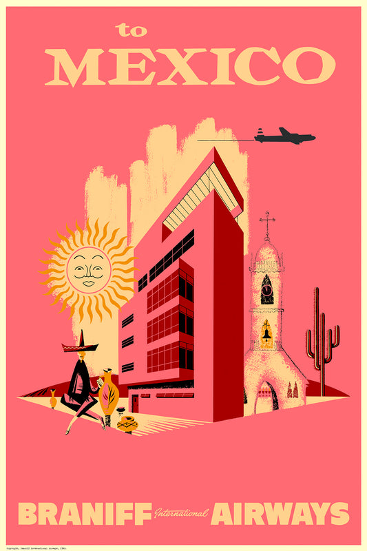 To Mexico City, Braniff International Airways, 1950s [City]. (Pink)