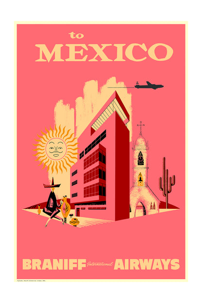 To Mexico City, Braniff International Airways, 1950s [City]. (Pink)
