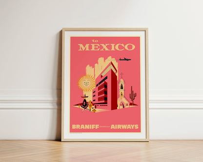 To Mexico City, Braniff International Airways, 1950s [City]. (Pink)