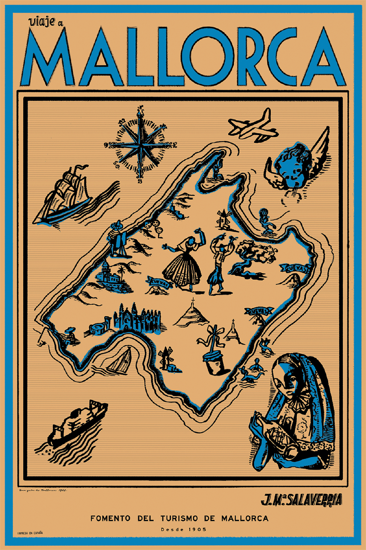 Viaje a Mallorca Map, 1928 (Blue).  [Summer Sale]