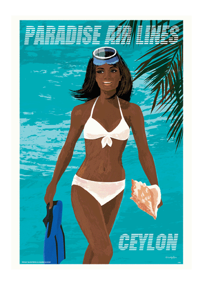 Fly Paradise Airlines - Ceylon, Conch Diver Girl (Blue), 1960s.
