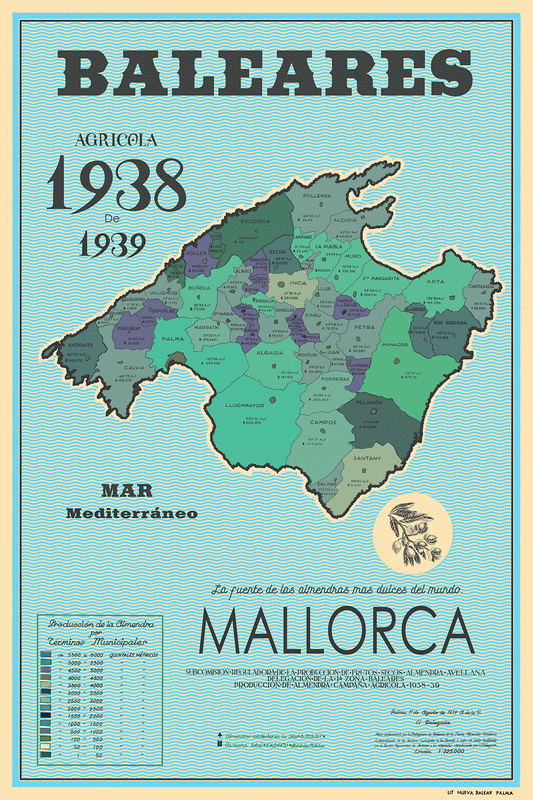 Mapa de Producción de la Almendra, Mallorca, 1938-39.