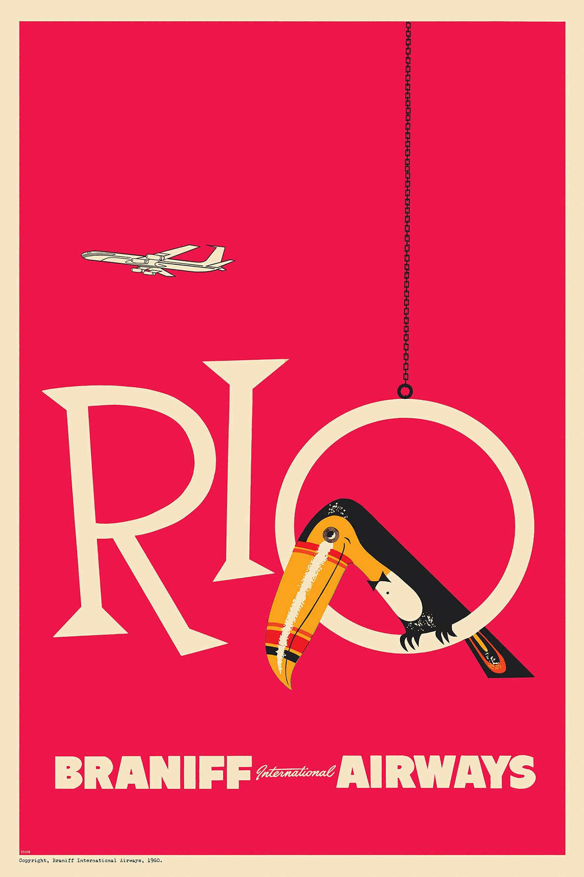 Braniff Rio Toucan Welcome to Brazil, 1959. (Forest green)