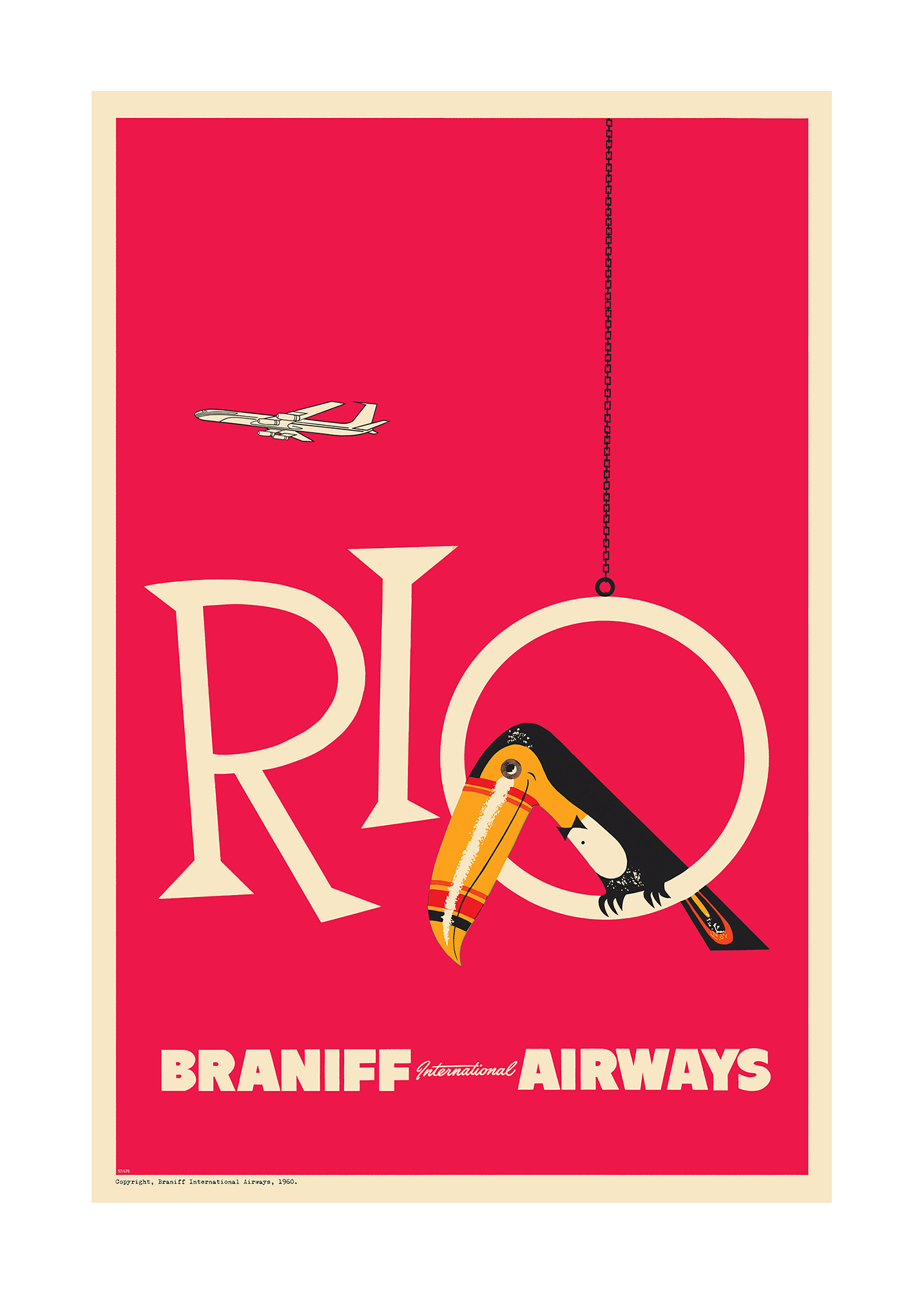 Braniff Rio Toucan Welcome to Brazil, 1959. (Hot Pink)